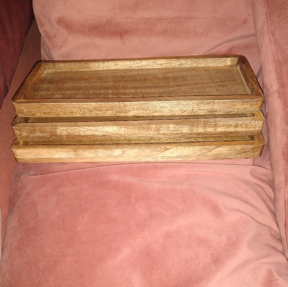 Set 3 Trays Rectangle Carved Mango Wood Food Safe Breakfast Tray Cafecore Boho - Picture 7 of 15